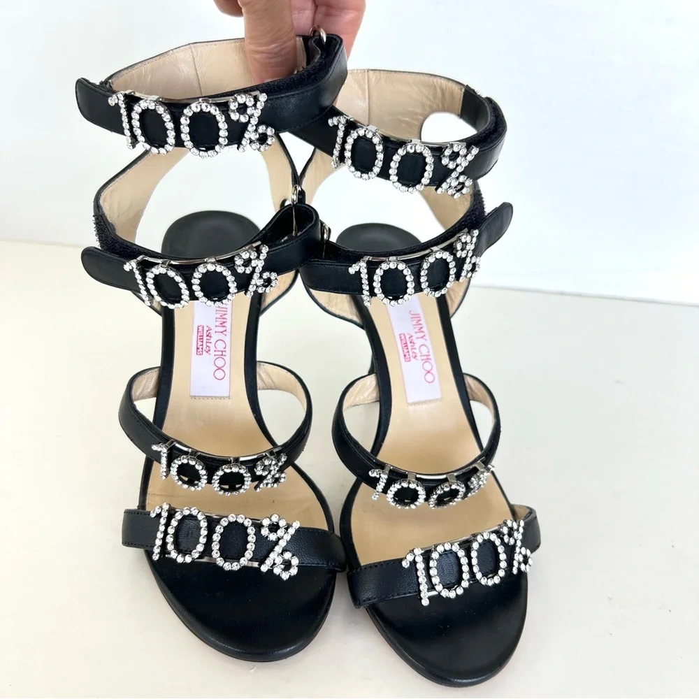 JIMMY CHOO x Ashley Williams Black Leather Crystal 100% Heel Sandals Sz 37.5